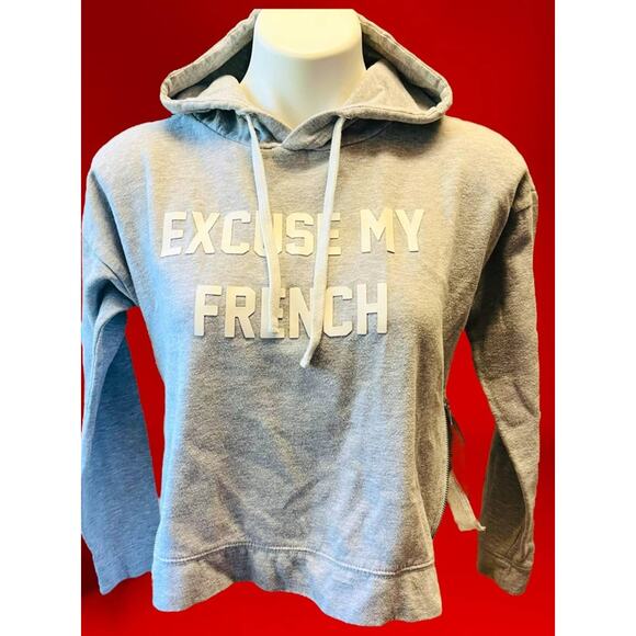 Crop Top Excuse My French Hoodie Womens Small Side Zippers Y2K Spellout Clueless - Picture 1 of 7